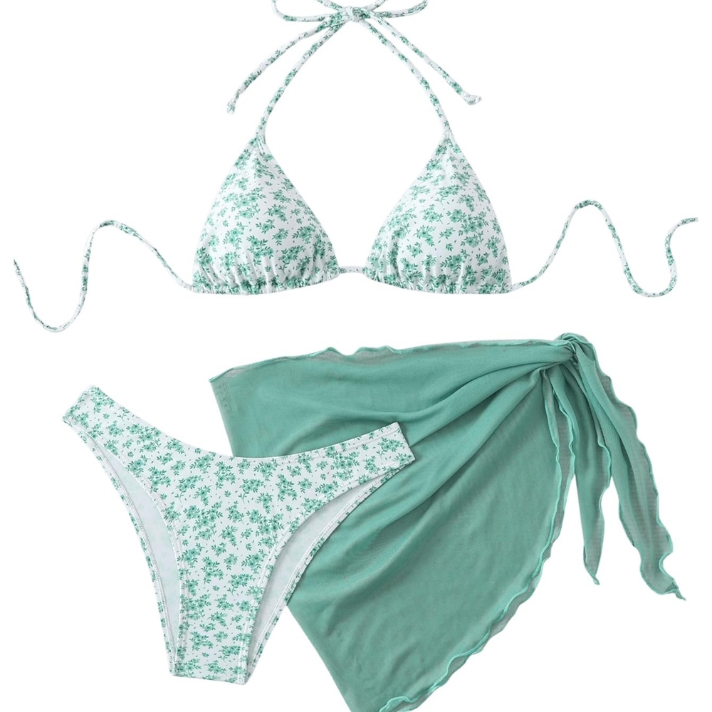 3Piece Floral Bikini Set with Wrap Coverup, Triangle Swimsuits Soft Green XL